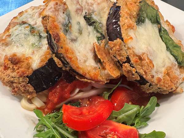 The classic: Eggplant Parmesan, Cut fresh to order